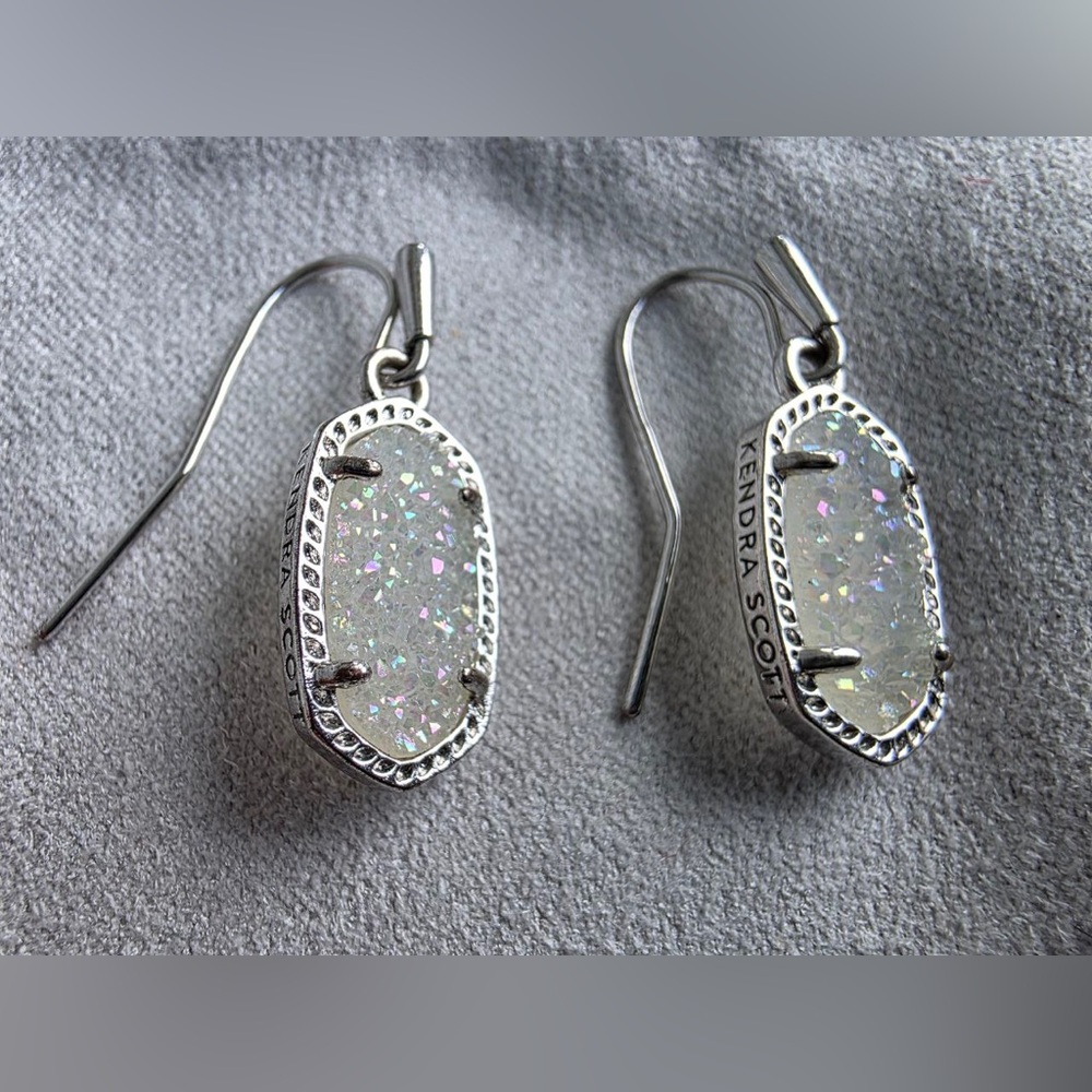 Kendra Scott Elle Drop Earrings Silver White Iridescent Drusy with Dust Bag